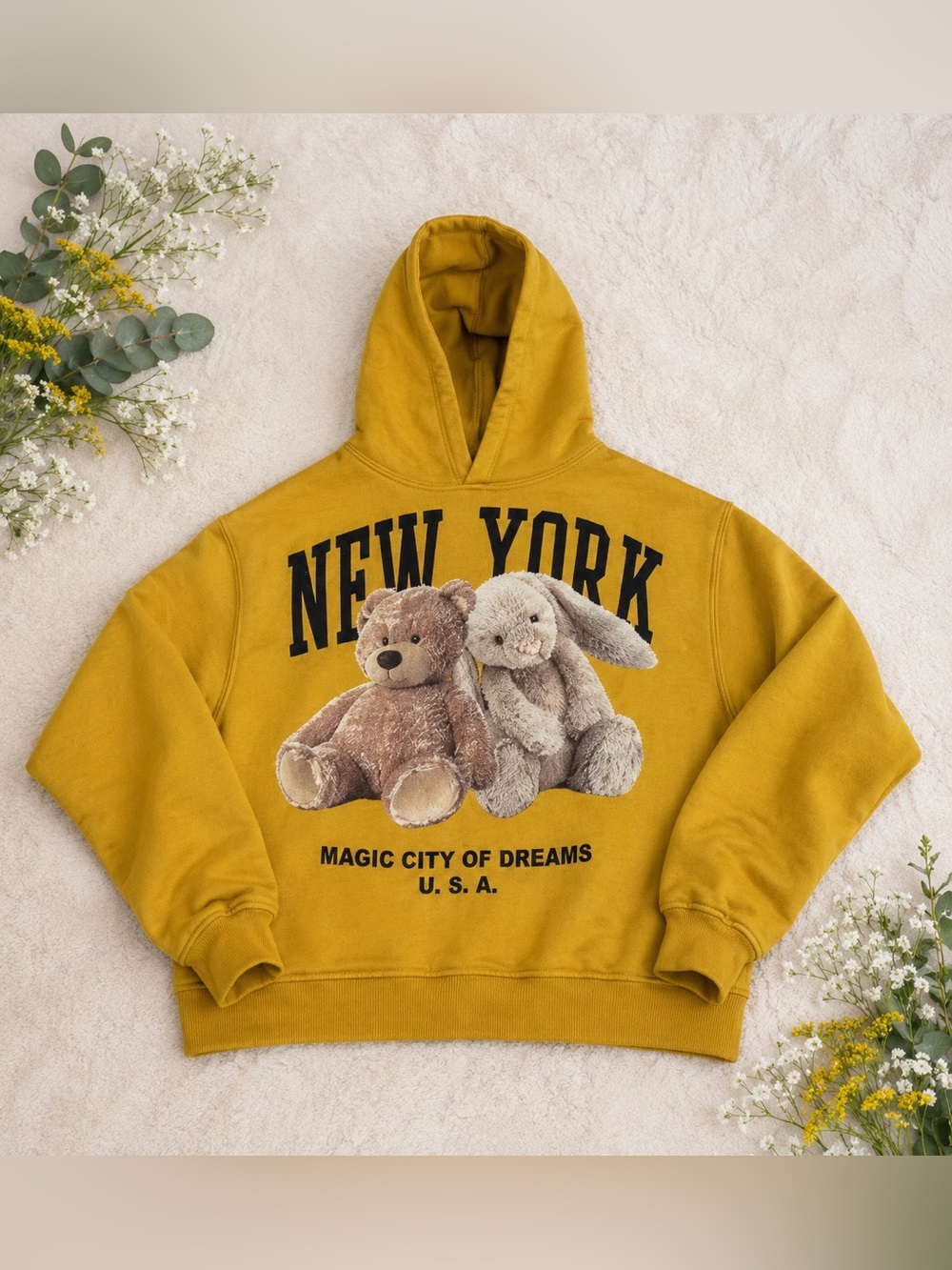 Zara Kids Mustard Yellow 'New York' Hoodie with Bear & Bunny Graphic